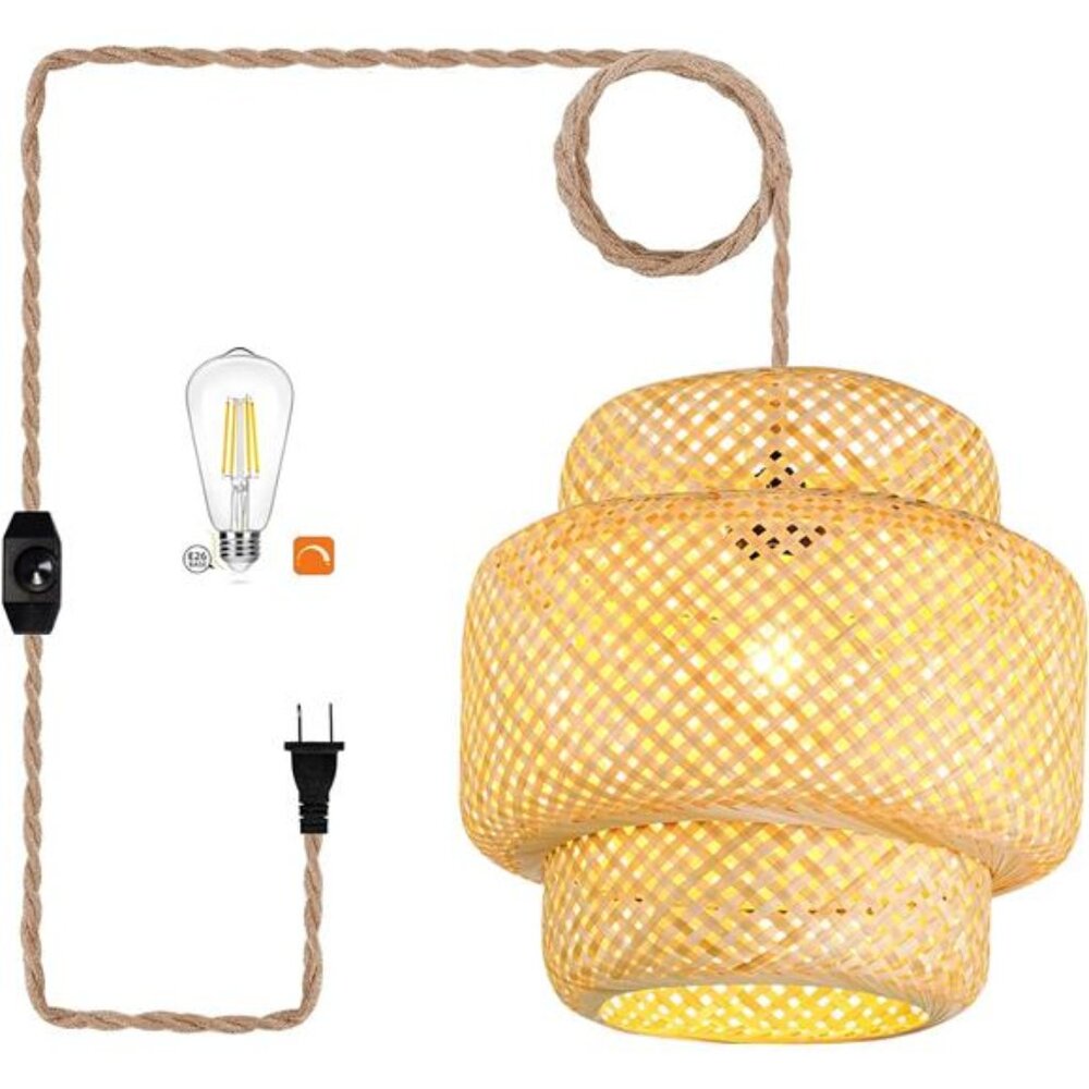 Plug in Pendant Light Rattan Hanging Lights with Plug in Cord Bamboo HangingLamp